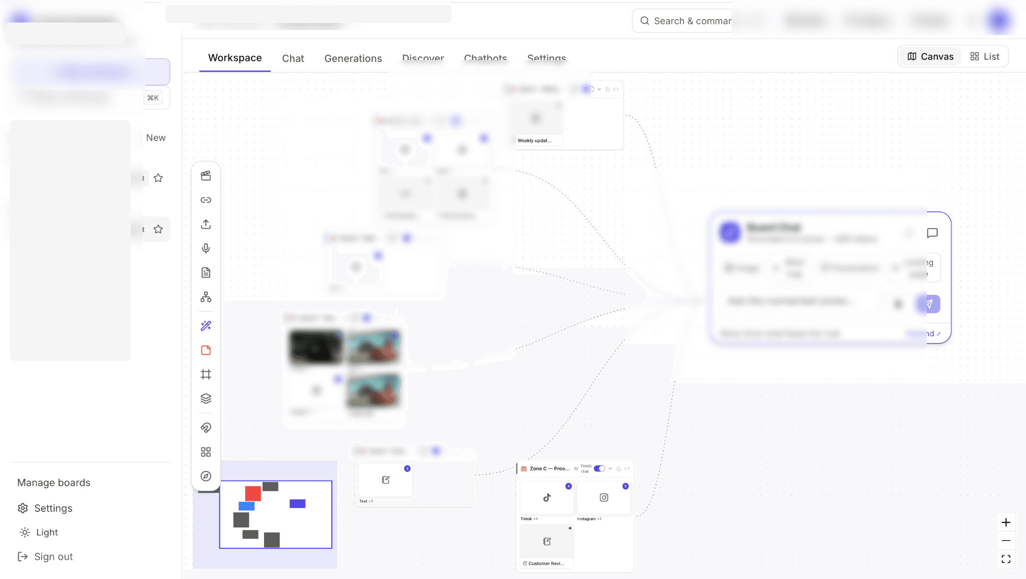 A sneak peek of the product: sources connecting into a chat panel that generates content on request